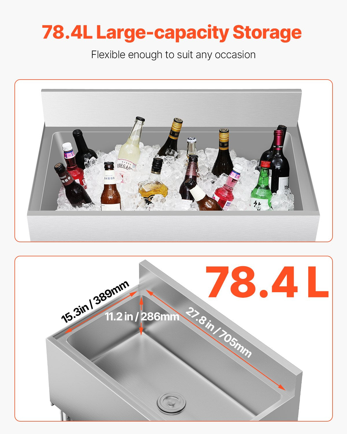 Gewerblicher Eisbehälter, 78,4 l, Unterbau-Eisbehälter, 76 x 48 x 94 cm, Edelstahl-Eisbox mit Schiebedeckel, Flaschenhaltern, verstellbaren Füßen, Kühlwagen/Cocktaileinheit für Bars, Restaurants und Pubs