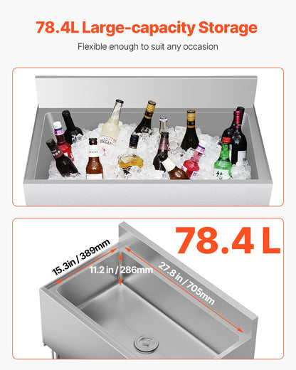 Gewerblicher Eisbehälter, 78,4 l, Unterbau-Eisbehälter, 76 x 48 x 94 cm, Edelstahl-Eisbox mit Schiebedeckel, Flaschenhaltern, verstellbaren Füßen, Kühlwagen/Cocktaileinheit für Bars, Restaurants und Pubs