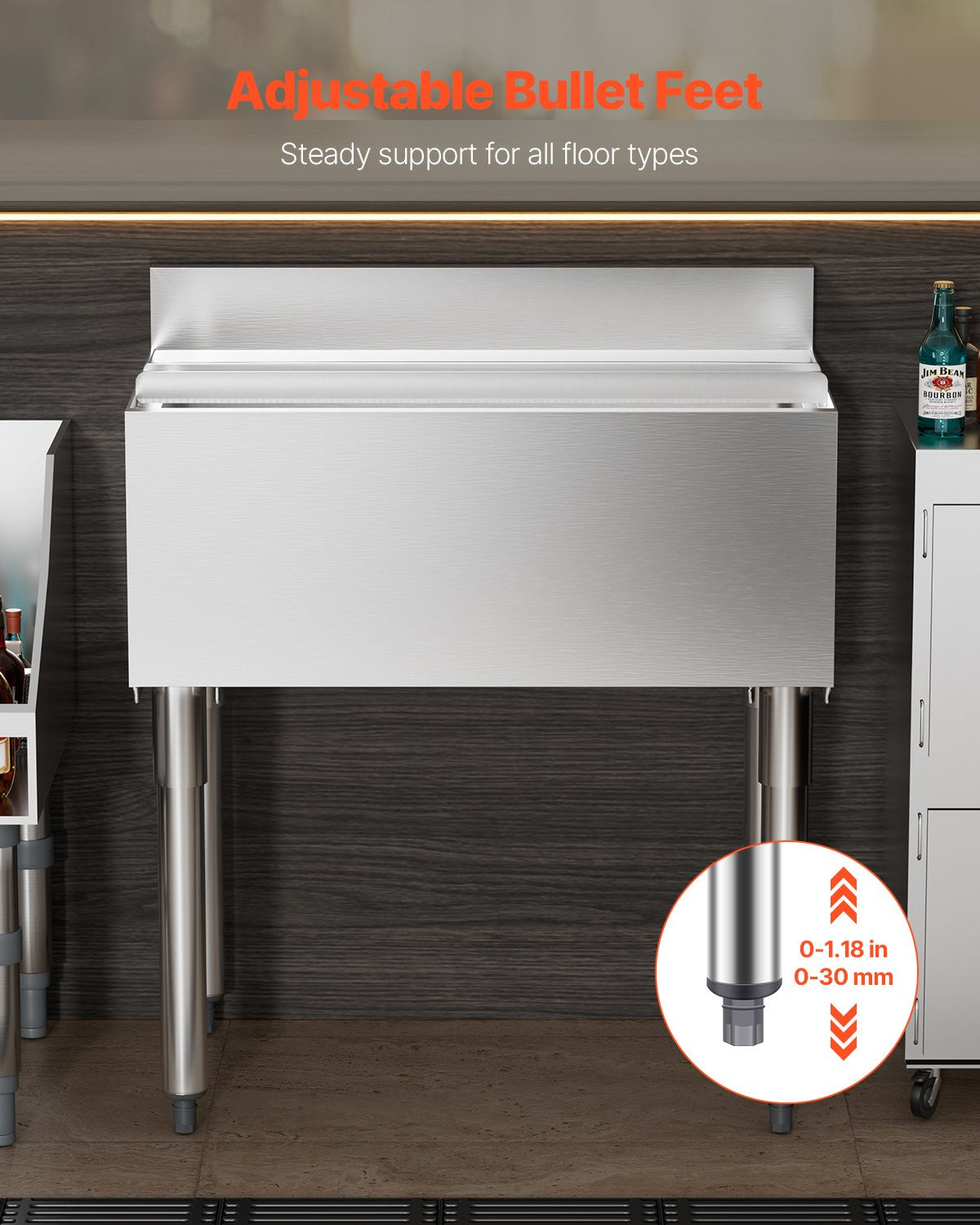 Gewerblicher Eisbehälter, 78,4 l, Unterbau-Eisbehälter, 76 x 48 x 94 cm, Edelstahl-Eisbox mit Schiebedeckel, Flaschenhaltern, verstellbaren Füßen, Kühlwagen/Cocktaileinheit für Bars, Restaurants und Pubs