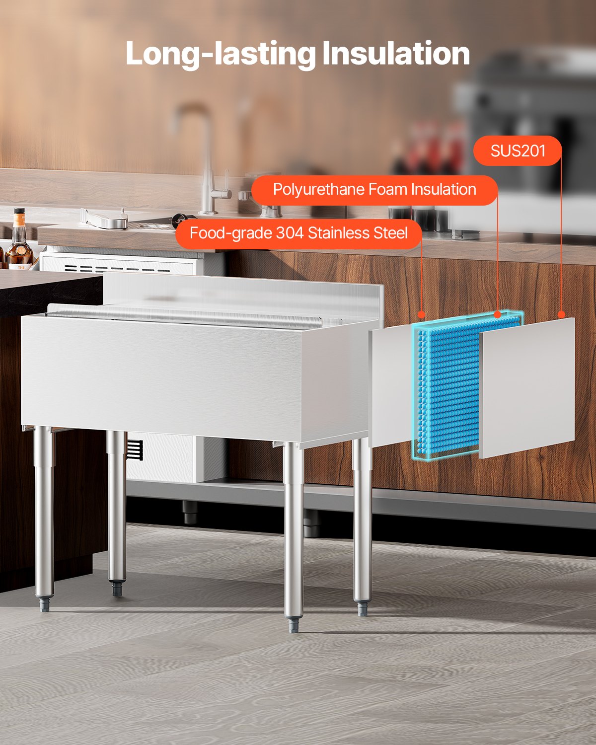 Gewerblicher Eisbehälter, 95,3 l Unterbau-Eisbehälter, 35,9 x 19 x 37 Zoll, Edelstahl-Eisbox mit Schiebedeckel, Flaschenhaltern und verstellbaren Füßen, Cocktail-Einheit für Bars, Restaurants, Pubs