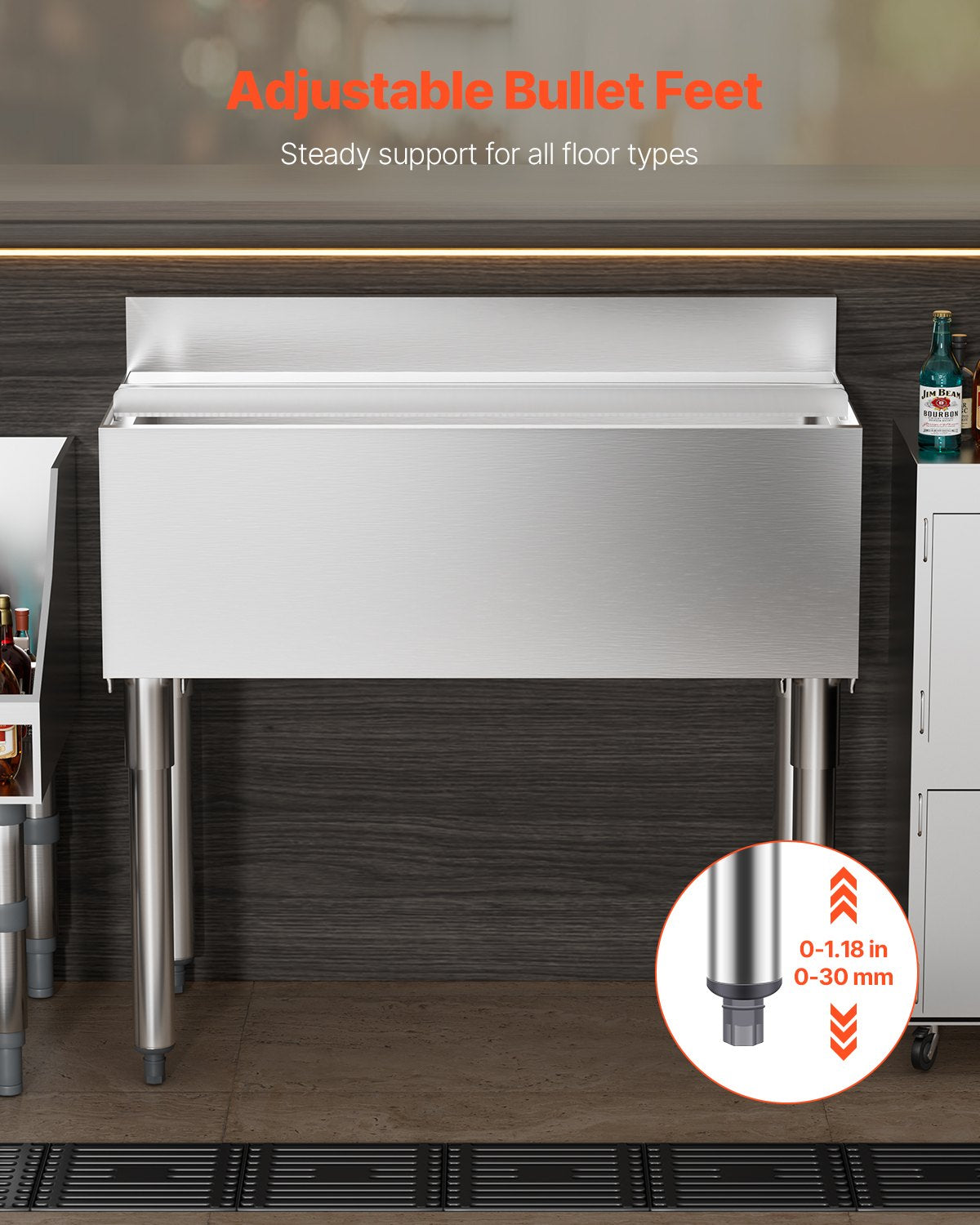 Gewerblicher Eisbehälter, 95,3 l Unterbau-Eisbehälter, 35,9 x 19 x 37 Zoll, Edelstahl-Eisbox mit Schiebedeckel, Flaschenhaltern und verstellbaren Füßen, Cocktail-Einheit für Bars, Restaurants, Pubs