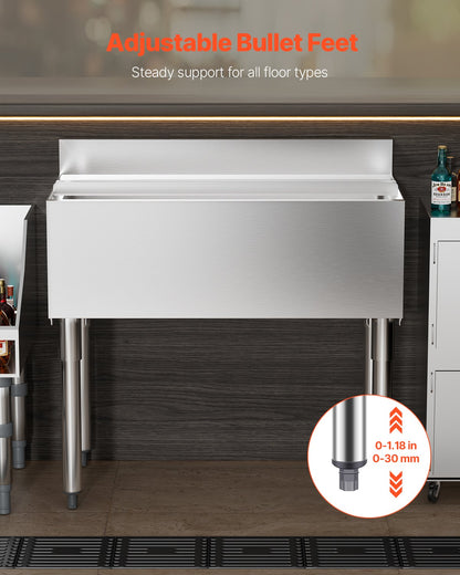 Gewerblicher Eisbehälter, 95,3 l Unterbau-Eisbehälter, 35,9 x 19 x 37 Zoll, Edelstahl-Eisbox mit Schiebedeckel, Flaschenhaltern und verstellbaren Füßen, Cocktail-Einheit für Bars, Restaurants, Pubs