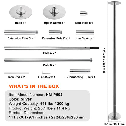 Professional Dancing Pole, Spinning Static Dancing Pole Kit, Portable Removable Pole, 45mm Heavy-Duty Stainless Steel Pole, Height Adjustable Fitness Pole, for Exercise Home Club Gym, Silver