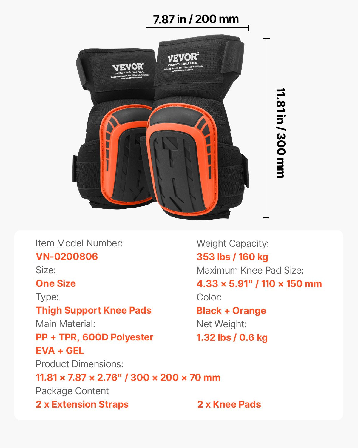 Knieschoner für die Arbeit, extra starke Bau-Knieschoner mit 2 Verlängerungsriemen, rutschfeste Schaumstoff-Gel-Knieschoner, für Damen und Herren, für Gartenarbeit, Bodenverlegung, Dachdeckerarbeiten und Reinigungsarbeiten, Schwarz und Orange