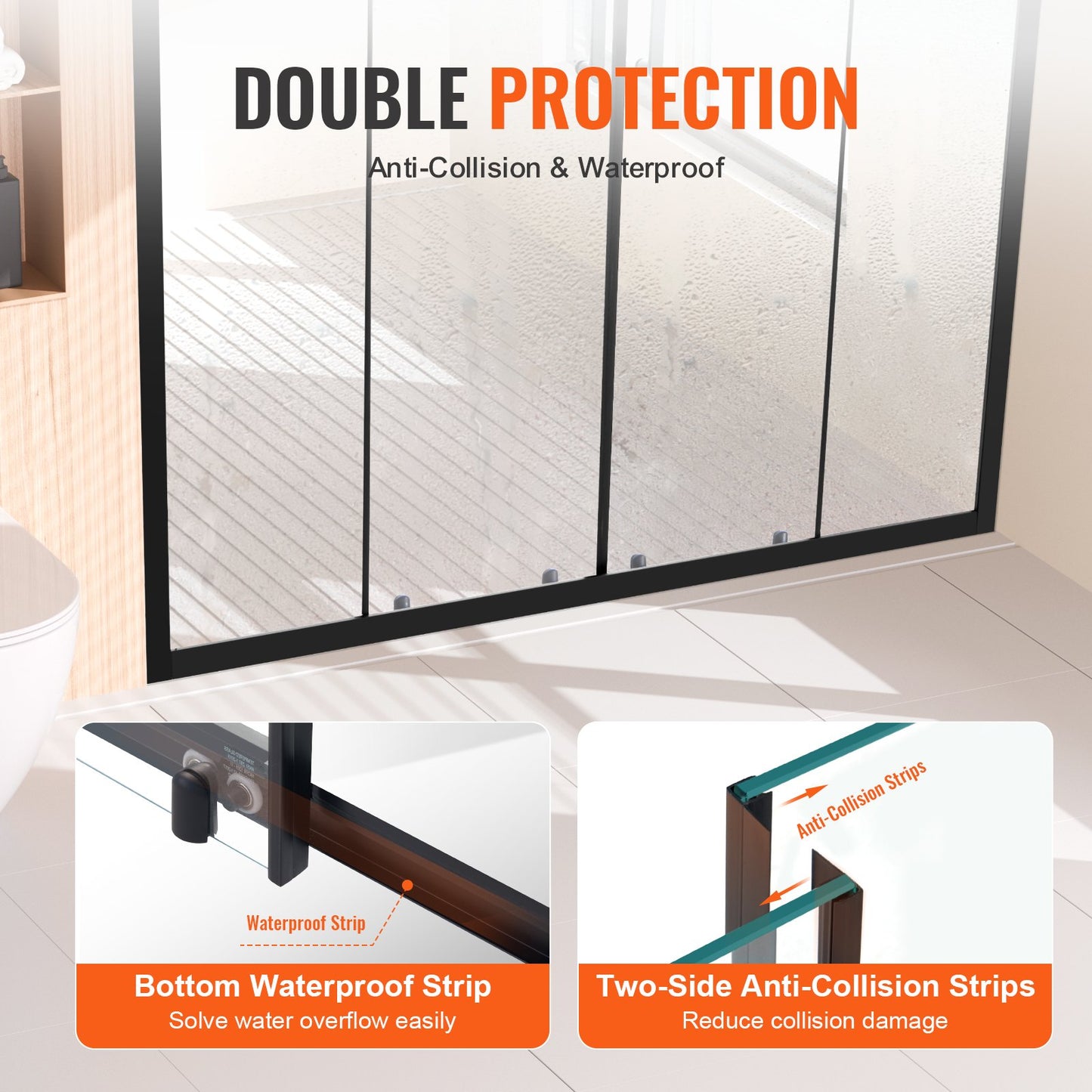 Semi-frameless Shower Door, 57.8-59" W x 70" H, Double Sliding Glass Door with 1/4"(6mm) Clear Tempered Glass, Waterproof Shatterproof Stain-Resistant with Stainless Steel Hardware, Matte Black