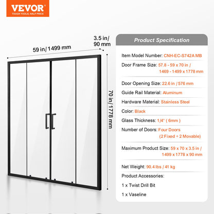 Semi-frameless Shower Door, 57.8-59" W x 70" H, Double Sliding Glass Door with 1/4"(6mm) Clear Tempered Glass, Waterproof Shatterproof Stain-Resistant with Stainless Steel Hardware, Matte Black