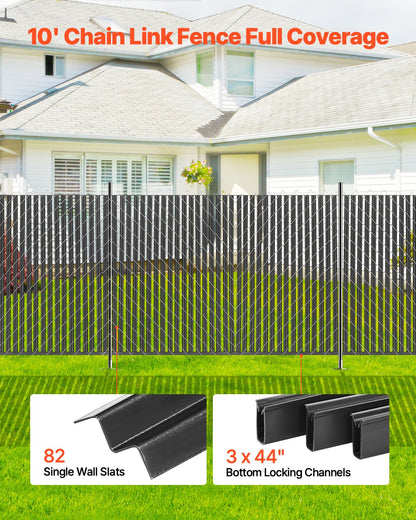 Bottom Locking Privacy Slats, Single-Wall Vertical Bottom-Locking Slats for Chain-Link Fence, High-Density HDPE Chain Link Slats Ideally Fit 6' High Fence for Garden, Farm, Sports Field(Black)