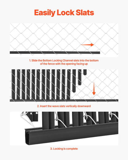 Bottom Locking Privacy Slats, Single-Wall Vertical Bottom-Locking Slats for Chain-Link Fence, High-Density HDPE Chain Link Slats Ideally Fit 6' High Fence for Garden, Farm, Sports Field(Black)
