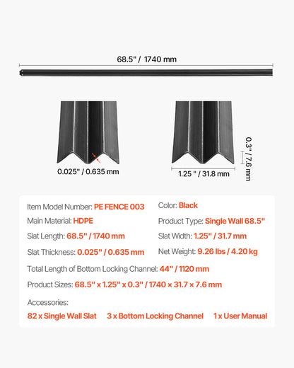 Bottom Locking Privacy Slats, Single-Wall Vertical Bottom-Locking Slats for Chain-Link Fence, High-Density HDPE Chain Link Slats Ideally Fit 6' High Fence for Garden, Farm, Sports Field(Black)