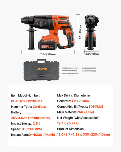 20V Brushless Cordless Hammer Drill, Lithium-Ion 1 Inch Rotary Hammer Driver, SDS-Plus Electric Lightweight Power Tool Kit with Battery and Charger, 4 Functions, 1200 RPM, 5300 BPM