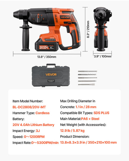 20V Brushless Cordless Hammer Drill, Lithium-Ion 1.1 Inch Rotary Hammer Driver, SDS-Plus Electric Lightweight Power Tool Kit with Battery and Charger, 4 Functions, 1200 RPM, 5300 BPM