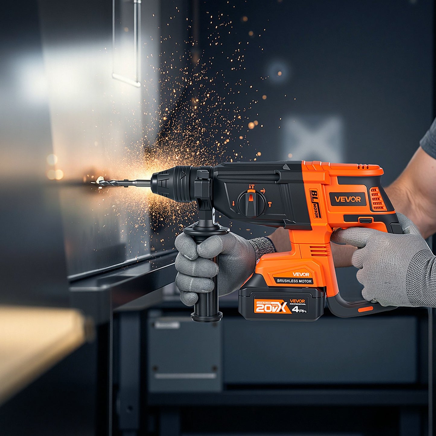 20V Brushless Cordless Hammer Drill, Lithium-Ion 1.1 Inch Rotary Hammer Driver, SDS-Plus Electric Lightweight Power Tool Kit with Battery and Charger, 4 Functions, 1200 RPM, 5300 BPM