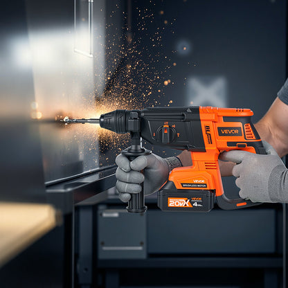 20V Brushless Cordless Hammer Drill, Lithium-Ion 1.1 Inch Rotary Hammer Driver, SDS-Plus Electric Lightweight Power Tool Kit with Battery and Charger, 4 Functions, 1200 RPM, 5300 BPM