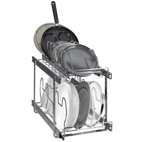 Topf- und Pfannenregal, 2-stöckig, ausziehbar, für Küchenschränke und Vorratskammer, mit verstellbaren Drahttrennwänden und Deckelhalter aus Stahl, 30,5 cm breit