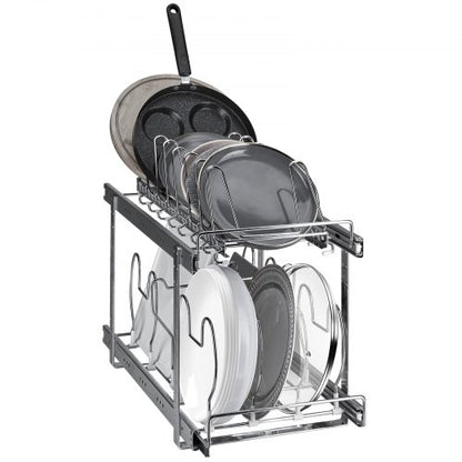 Topf- und Pfannenregal, 2-stöckig, ausziehbar, für Küchenschränke und Vorratskammer, mit verstellbaren Drahttrennwänden und Deckelhalter aus Stahl, 30,5 cm breit