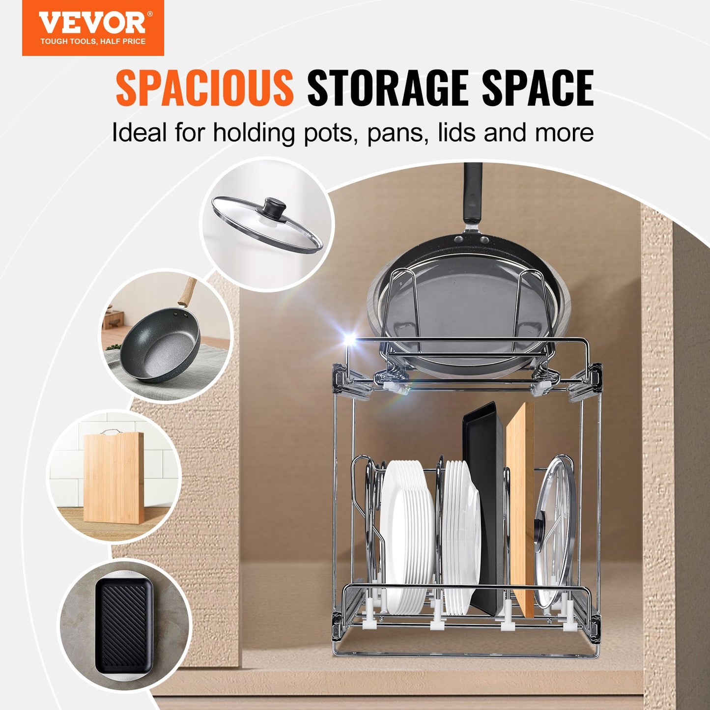 Topf- und Pfannenregal, 2-stöckig, ausziehbar, für Küchenschränke und Vorratskammer, mit verstellbaren Drahttrennwänden und Deckelhalter aus Stahl, 30,5 cm breit