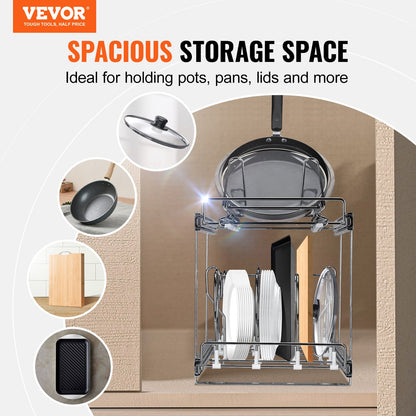 Topf- und Pfannenregal, 2-stöckig, ausziehbar, für Küchenschränke und Vorratskammer, mit verstellbaren Drahttrennwänden und Deckelhalter aus Stahl, 30,5 cm breit