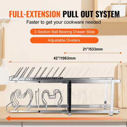 Topf- und Pfannenregal, 2-stöckig, ausziehbar, für Küchenschränke und Vorratskammer, mit verstellbaren Drahttrennwänden und Deckelhalter aus Stahl, 30,5 cm breit