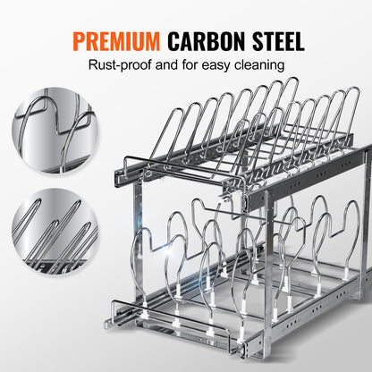 Topf- und Pfannenregal, 2-stöckig, ausziehbar, für Küchenschränke und Vorratskammer, mit verstellbaren Drahttrennwänden und Deckelhalter aus Stahl, 30,5 cm breit