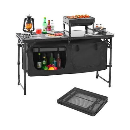Camping-Küchentisch, klappbarer Outdoor-Kochtisch, 3-fach höhenverstellbar, leichte, tragbare Kochstation aus Aluminium mit Aufbewahrungsbox, Tragegriff, für Grillpartys, Picknicks, Wohnmobilreisen, Schwarz