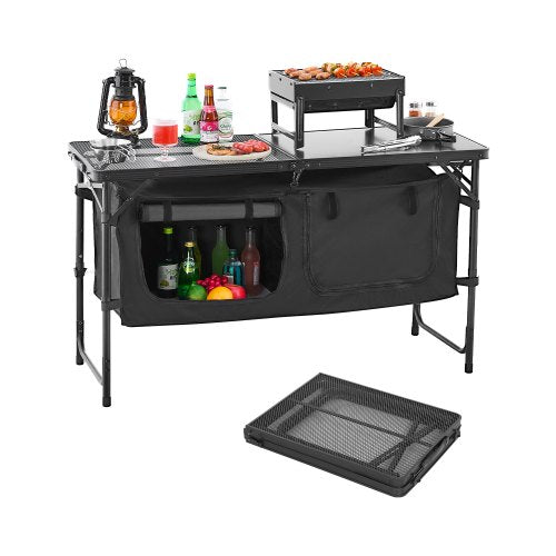 Camping-Küchentisch, klappbarer Outdoor-Kochtisch, 3-fach höhenverstellbar, leichte, tragbare Kochstation aus Aluminium mit Aufbewahrungsbox, Tragegriff, für Grillpartys, Picknicks, Wohnmobilreisen, Schwarz