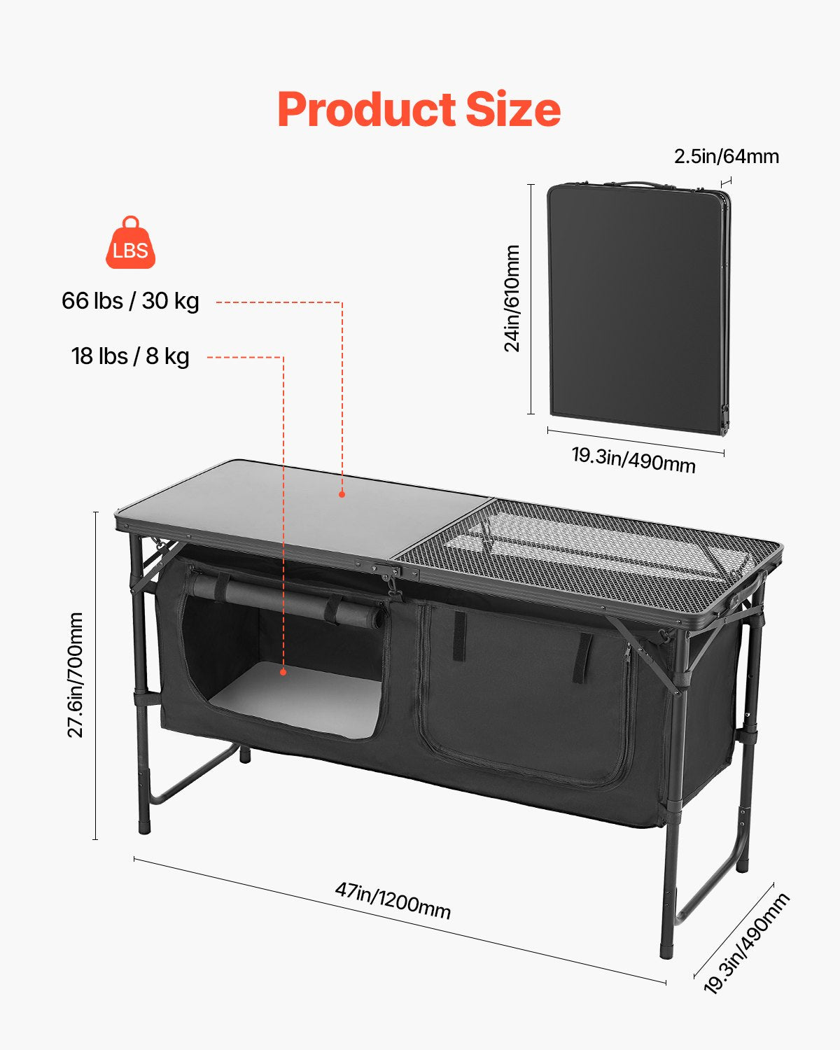 Camping-Küchentisch, klappbarer Outdoor-Kochtisch, 3-fach höhenverstellbar, leichte, tragbare Kochstation aus Aluminium mit Aufbewahrungsbox, Tragegriff, für Grillpartys, Picknicks, Wohnmobilreisen, Schwarz