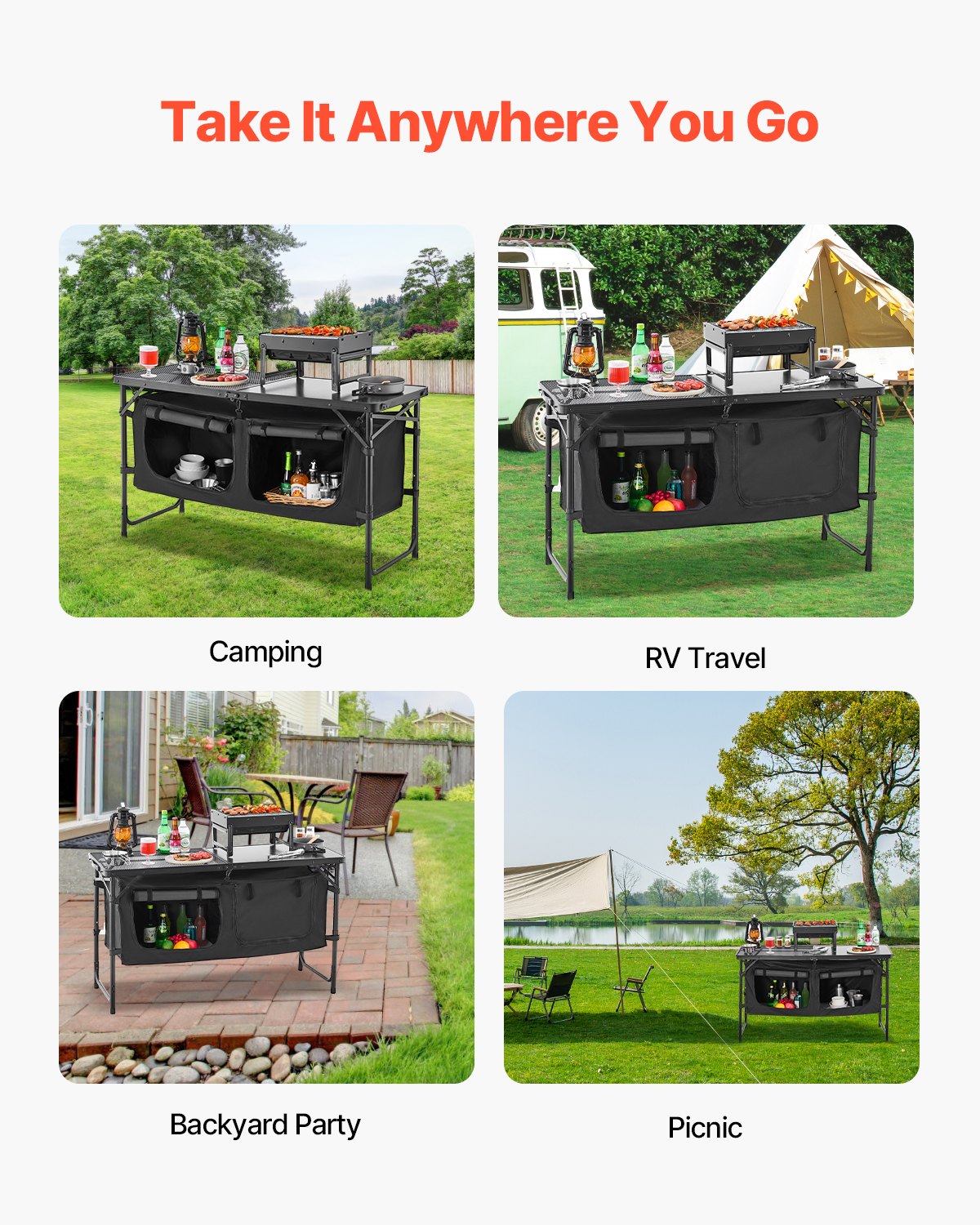 Camping-Küchentisch, klappbarer Outdoor-Kochtisch, 3-fach höhenverstellbar, leichte, tragbare Kochstation aus Aluminium mit Aufbewahrungsbox, Tragegriff, für Grillpartys, Picknicks, Wohnmobilreisen, Schwarz