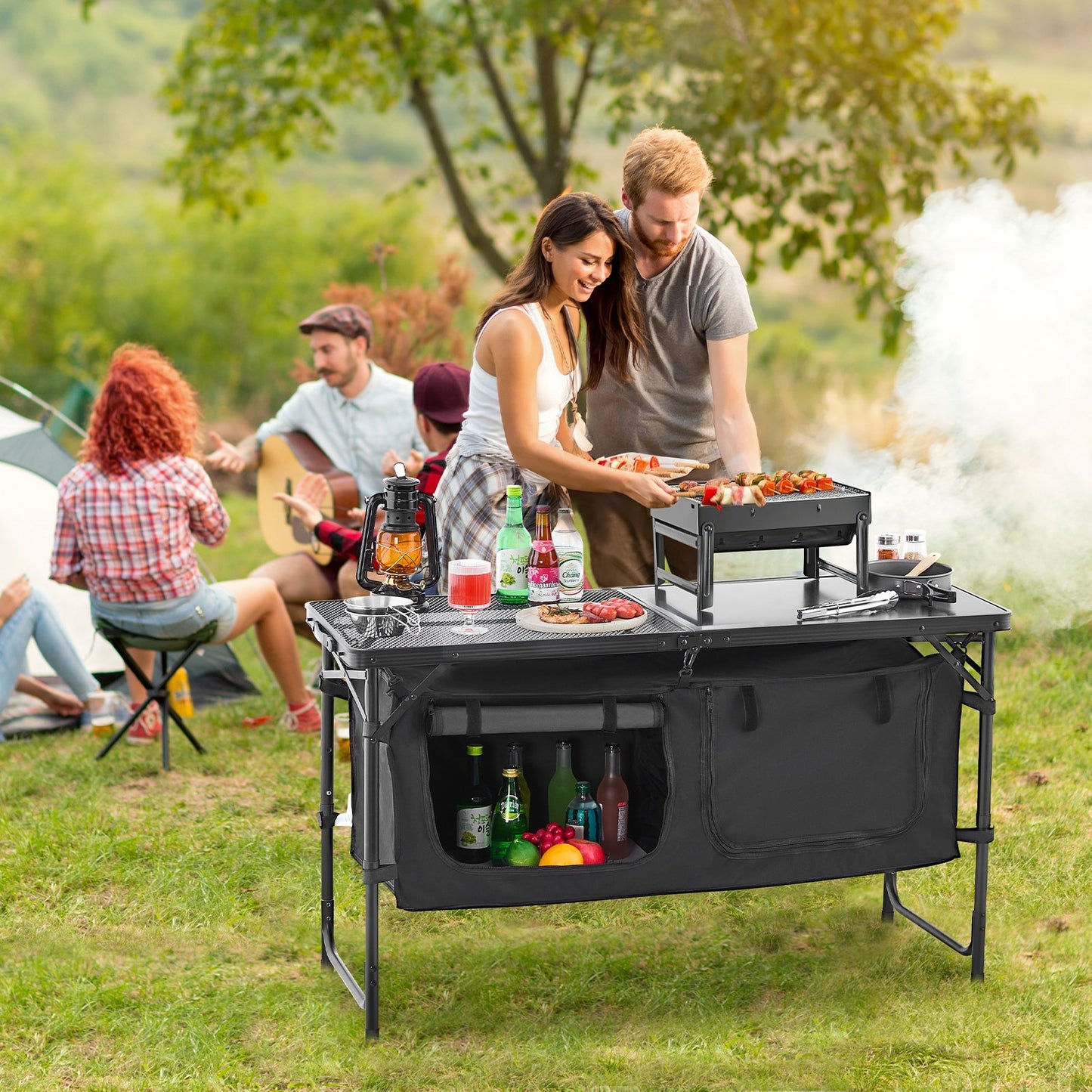 Camping-Küchentisch, klappbarer Outdoor-Kochtisch, 3-fach höhenverstellbar, leichte, tragbare Kochstation aus Aluminium mit Aufbewahrungsbox, Tragegriff, für Grillpartys, Picknicks, Wohnmobilreisen, Schwarz