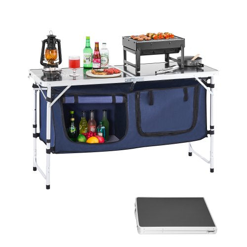 Camping-Küchentisch, klappbarer Outdoor-Kochtisch, 3-fach höhenverstellbar, leichte, tragbare Kochstation aus Aluminium mit Aufbewahrungsbox, Tragegriff, für Grillpartys, Picknicks, Wohnmobilreisen, Blau