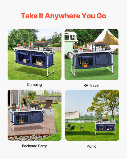 Camping-Küchentisch, klappbarer Outdoor-Kochtisch, 3-fach höhenverstellbar, leichte, tragbare Kochstation aus Aluminium mit Aufbewahrungsbox, Tragegriff, für Grillpartys, Picknicks, Wohnmobilreisen, Blau
