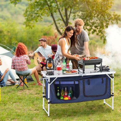 Camping-Küchentisch, klappbarer Outdoor-Kochtisch, 3-fach höhenverstellbar, leichte, tragbare Kochstation aus Aluminium mit Aufbewahrungsbox, Tragegriff, für Grillpartys, Picknicks, Wohnmobilreisen, Blau