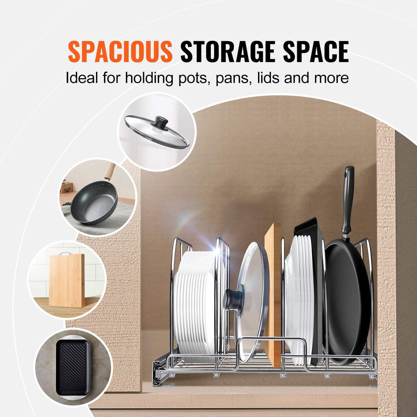 Pan and Pot Rack, Expandable Pull Out Under Cabinet Organizer, Cookie Sheet Baking Pans tray Organization, Adjustable Wire Dividers, Steel Lid Holder for Kitchen Cabinet & Pantry Storage, 12.5"W