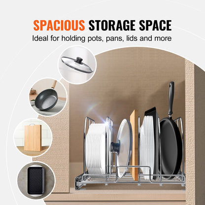 Pan and Pot Rack, Expandable Pull Out Under Cabinet Organizer, Cookie Sheet Baking Pans tray Organization, Adjustable Wire Dividers, Steel Lid Holder for Kitchen Cabinet & Pantry Storage, 12.5"W