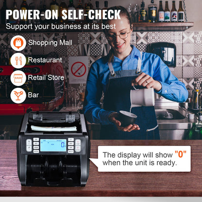 Money Counter Machine, Bill Counter with UV, MG, IR and DD Counterfeit Detection, USD & EUR Cash Counting Machine with Add and Batch Modes, Large LCD & External Display