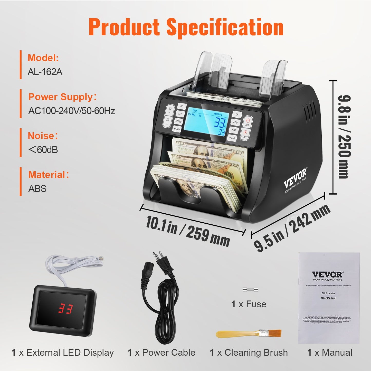 Money Counter Machine, Bill Counter with UV, MG, IR and DD Counterfeit Detection, USD & EUR Cash Counting Machine with Add and Batch Modes, Large LCD & External Display