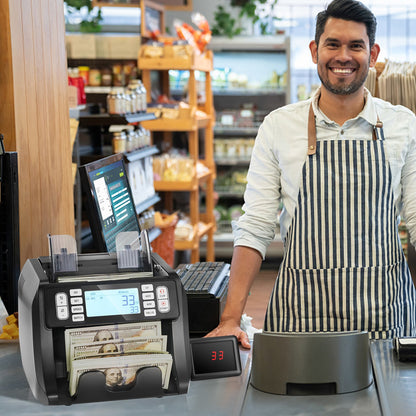 Money Counter Machine, Bill Counter with UV, MG, IR and DD Counterfeit Detection, USD & EUR Cash Counting Machine with Add and Batch Modes, Large LCD & External Display