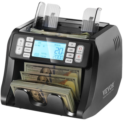 Money Counter Machine, Bill Counter with UV, MG, IR and DD Counterfeit Detection, USD & EUR Cash Counting Machine with Add and Batch Modes, Large LCD & External Display