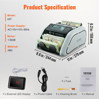 Money Counter Machine, Bill Counter with UV, MG, IR and DD Counterfeit Detection, USD & EUR Cash Counting Machine with Large LCD & External Display for Small Business