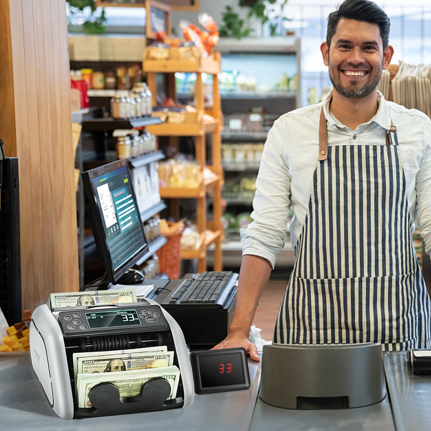 Money Counter Machine, Bill Counter with UV, MG, IR and DD Counterfeit Detection, USD & EUR Cash Counting Machine with Large LCD & External Display for Small Business