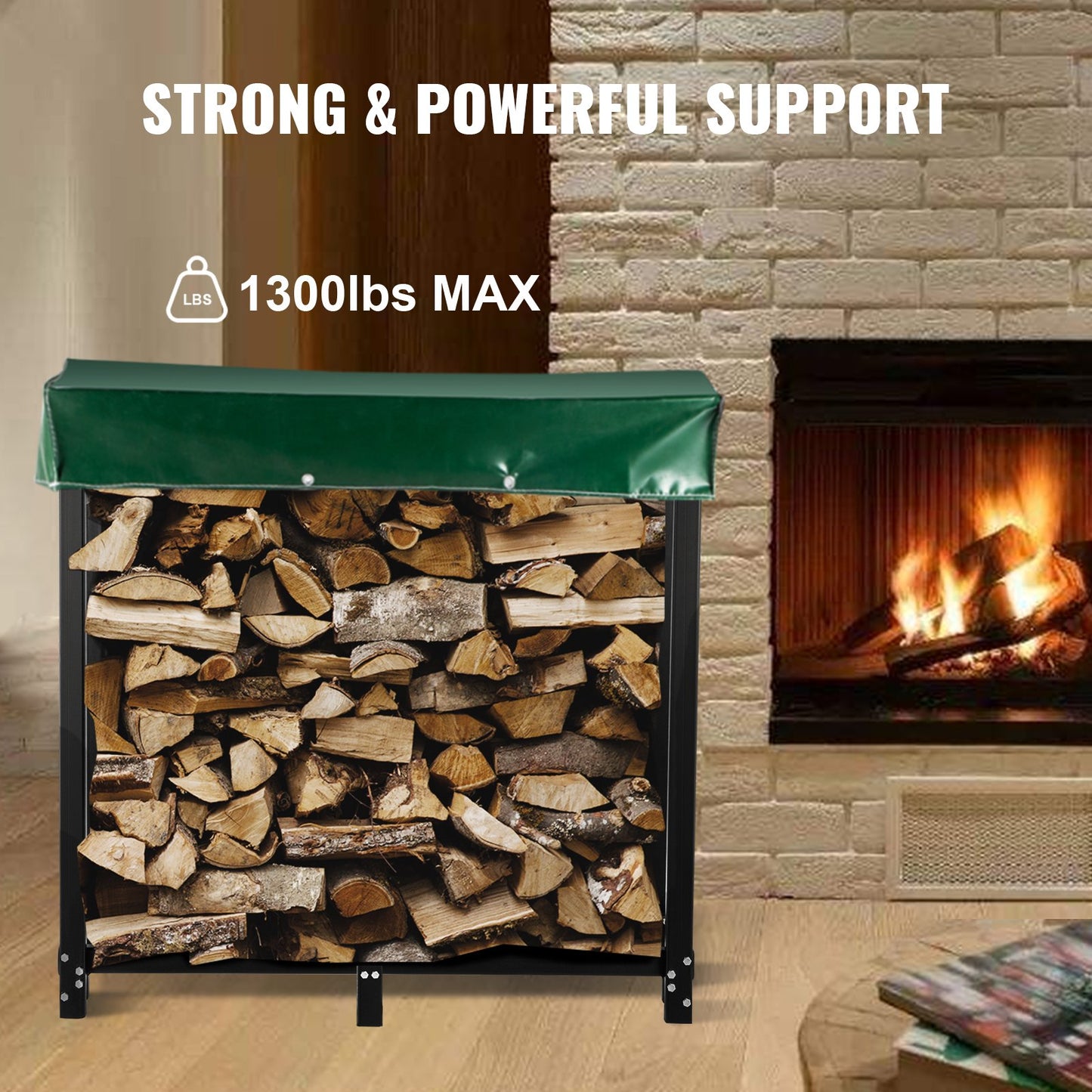 Firewood Log Rack, 6ft Firewood Rack Outdoor, Black Firewood Rack stand, Steel Outdoor Wood Rack, Firewood Log Holder with Load Capacity 1300lbs, Firewood Rack with Cover & Fireplace Tool Set