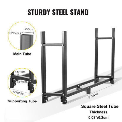 Firewood Log Rack, 2.44 m Firewood Rack Outdoor, Black Firewood Rack Stand, Steel Outdoor Wood Rack, Firewood Log Holder with Load Capacity 590 kg, Firewood Rack with Cover & Fireplace Tool Set