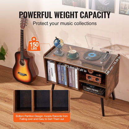 Record Player Stand, Turntable Stand Holds Up to 220 Albums, Vintage Vinyl Record Cabinet with Removable Shelves, Record Player Table with Adjustable Height for Living Room, Bedroom, Brown