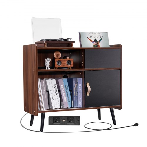 Record Player Stand with Power Outlet, Turntable Stand Holds Up to 350 Albums, Record Player Table with Vintage Vinyl Record Storage for Living Room, Bedroom, Brown