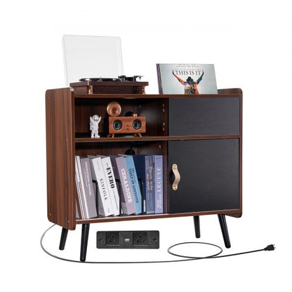 Record Player Stand with Power Outlet, Turntable Stand Holds Up to 350 Albums, Record Player Table with Vintage Vinyl Record Storage for Living Room, Bedroom, Brown