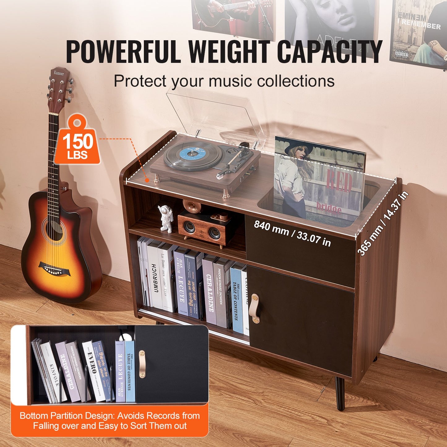 Record Player Stand with Power Outlet, Turntable Stand Holds Up to 350 Albums, Record Player Table with Vintage Vinyl Record Storage for Living Room, Bedroom, Brown