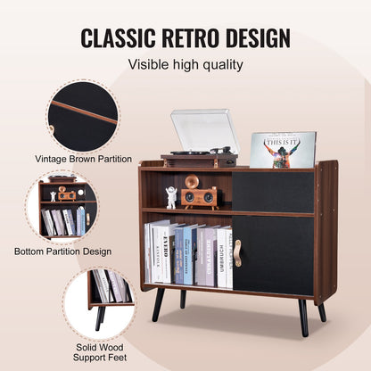 Record Player Stand with Power Outlet, Turntable Stand Holds Up to 350 Albums, Record Player Table with Vintage Vinyl Record Storage for Living Room, Bedroom, Brown