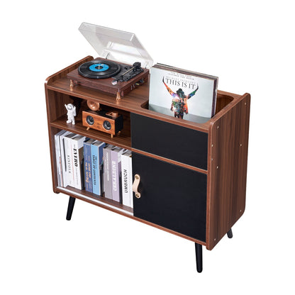 Record Player Stand with Power Outlet, Turntable Stand Holds Up to 350 Albums, Record Player Table with Vintage Vinyl Record Storage for Living Room, Bedroom, Brown