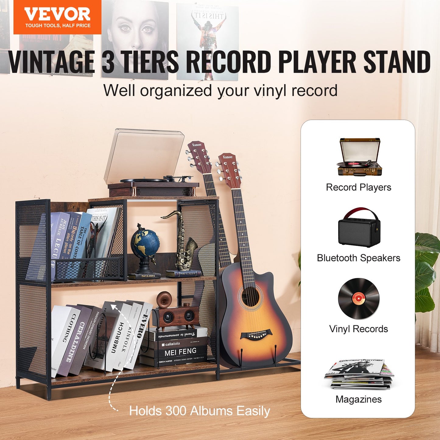 3-Tier Record Player Stand with Guitar Holder, Turntable Stand with Storage Holds Up to 300 Albums, Vinyl Record Cabinet with Metal Mesh Frame for Living Room, Bedroom, Black