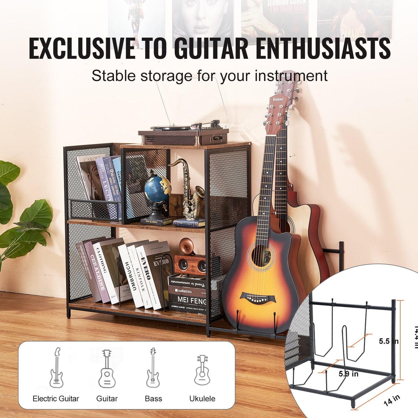 3-Tier Record Player Stand with Guitar Holder, Turntable Stand with Storage Holds Up to 300 Albums, Vinyl Record Cabinet with Metal Mesh Frame for Living Room, Bedroom, Black