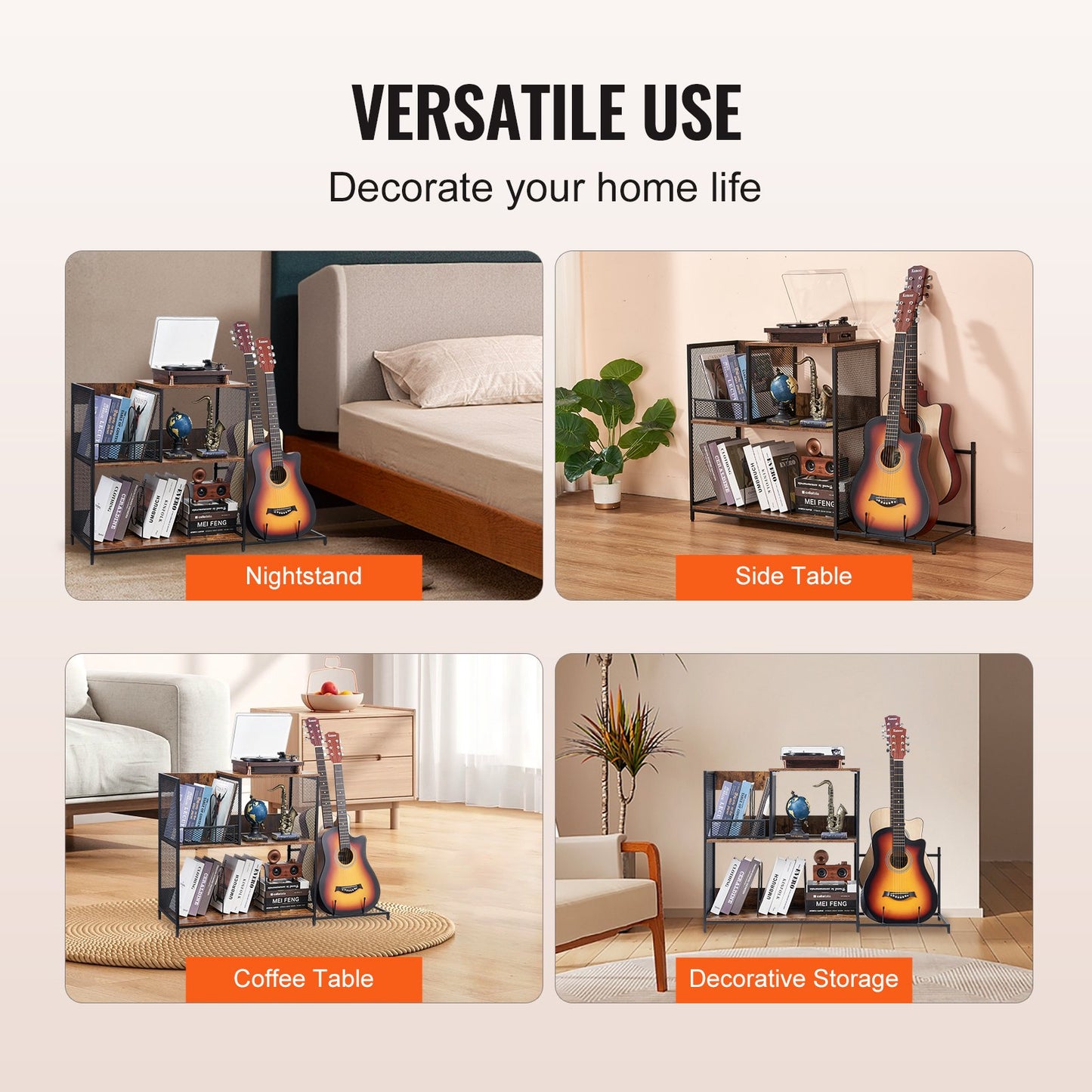 3-Tier Record Player Stand with Guitar Holder, Turntable Stand with Storage Holds Up to 300 Albums, Vinyl Record Cabinet with Metal Mesh Frame for Living Room, Bedroom, Black